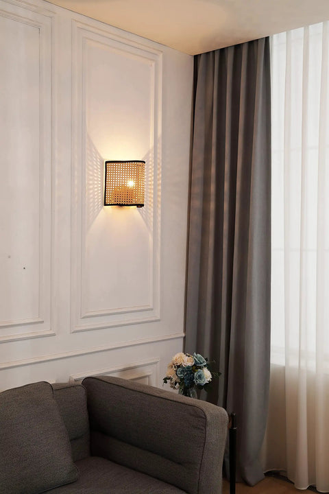 Mid Century Bohemian Wall Sconce Lamp With Rattan Shade And Velvet Rim, Cozy Ambient Lighting For Bedroom, Beige Color