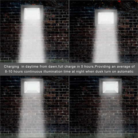 Remote Control Solar Flood Lights Outdoor Led Flood Lights With 800LM Output illuminating brick wall at night, four stages shown.