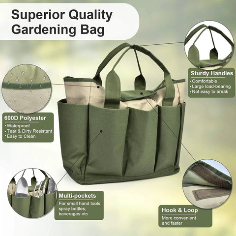 Heavy Duty Canvas Garden Tool Bag With Eight Pockets Large Tote Organizer for Indoor Outdoor Gardening