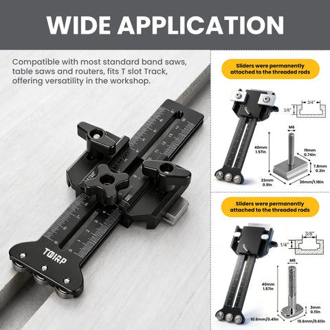 Precision Thin Rip Jig Featuring Heavy Duty Triple Pulleys For Dead Set Accurate Strip Cuts, Fits Standard U And T Slots, Smooth Operator On Table Saw Plus Band Saw on flat surface with adjustable sliders.