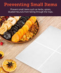 Top Shelf Food Dehydrator With Six Stainless Steel Trays, showing dried fruits and a BPA free mesh screen for smaller items.