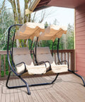 Double Seat Outdoor Patio Swing With Removable Canopy And Cup Holders, Perfect For Porch Or Garden And Poolside Hangouts