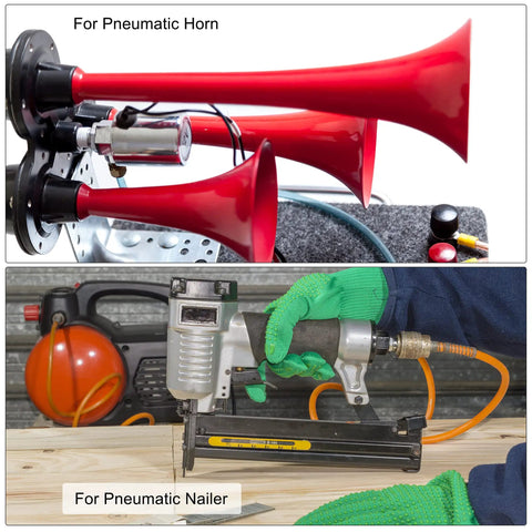 Pneumatic horn and pneumatic nailer setup with air hose connected for construction and automotive use