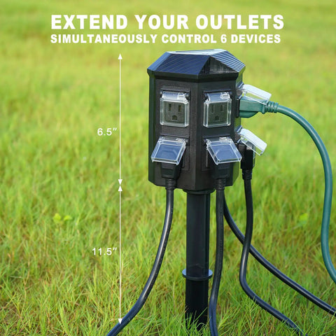 Tough As Nails 24 Hour Mechanical Outdoor Timer With Six Grounded Outlets and Six Foot Extension Cord For Garden Lighting and Patio Setup slick waterproof design detail with six outlets in grass.
