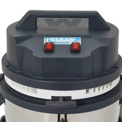 Control panel and power switches of Badass Heavy Duty Industrial Wet Dry Vacuum 21 Gallon Tank 3.3 Horsepower Motor 222 Cfm Airflow 27 Inch Squeegee No Fluff Professional Gear