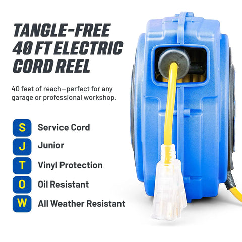 Close-up of blue 40 Ft Extension Cord Reel With 14 AWG 3 Conductor SJTOW Heavy Duty Power Cable showing triple tap connector.
