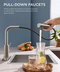 Sleek Pull Down Kitchen Faucet With Single Handle Brushed Nickel Finish Solid 304 Stainless Steel Lead Free Ceramic Cartridge For Easy Daily Rinse And Trouble Free Sink Upkeep pouring water into a glass pitcher.