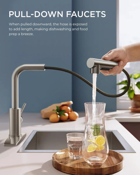 Sleek Pull Down Kitchen Faucet With Single Handle Brushed Nickel Finish Solid 304 Stainless Steel Lead Free Ceramic Cartridge For Easy Daily Rinse And Trouble Free Sink Upkeep pouring water into a glass pitcher.