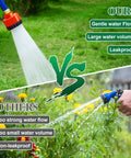 Comparison of Two Thousand Hole Garden Watering Nozzle With 11 GPM Shower Sprayer and standard hose head in garden setting