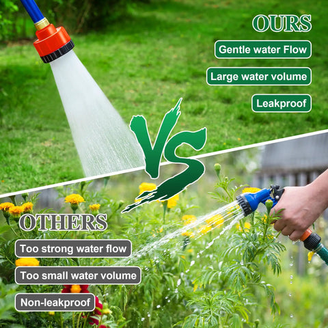 Comparison of Two Thousand Hole Garden Watering Nozzle With 11 GPM Shower Sprayer and standard hose head in garden setting