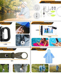 Survival kit (250pcs) with Molle crossbody bag; includes D-ring carabiner, waterproof phone pouch, raincoat and water bottle buckle.