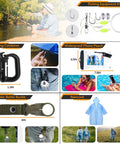Outdoor adventure essentials including fishing kit, D ring carabiner, waterproof phone pouch, water bottle buckle, and raincoat.