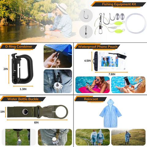 Outdoor adventure essentials including fishing kit, D ring carabiner, waterproof phone pouch, water bottle buckle, and raincoat.