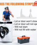 Man demonstrating issues with front load washer and showing white plastic replacement striker from Premium Grade 2 Pack Washer Door Strike Kit White Plastic Replacement For Front Load Machines Smooth Click Every Time Sweet Deal Replaces Part 131763310 Quick Install Swap.