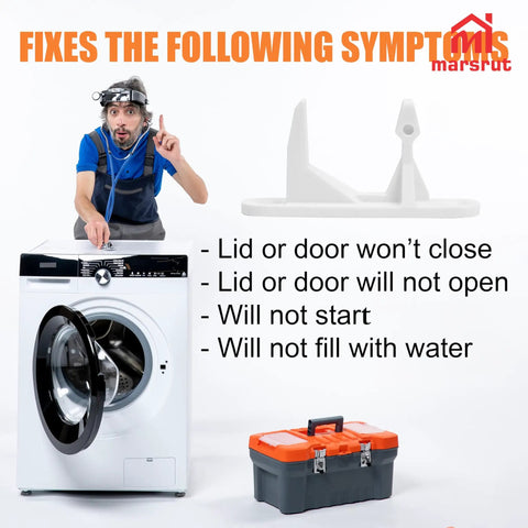 Man demonstrating issues with front load washer and showing white plastic replacement striker from Premium Grade 2 Pack Washer Door Strike Kit White Plastic Replacement For Front Load Machines Smooth Click Every Time Sweet Deal Replaces Part 131763310 Quick Install Swap.