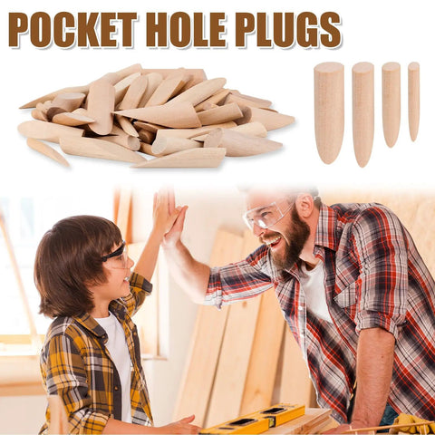 Top Shelf 80 Piece Wood Pocket Hole Plugs In 4 Assorted Sizes For Hiding Screw Heads and Tight Furniture Repair, showing assorted wooden dowels.