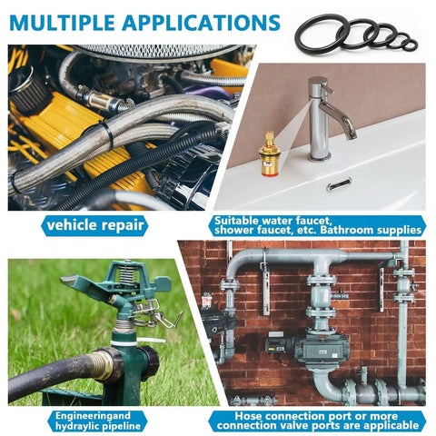 Viton O Ring Assortment Kit With 30 SAE AS568 Sizes Fluorocarbon O Rings For Aviation Cars Engines Hydraulics Plumbing High Temperature And Oil Resistance Pro Grade Must Have with multiple applications shown.