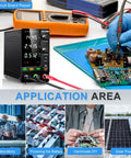 Variable DC Power Supply 30V 10A 300W Lab Bench Charger in use for circuit board repair, showing applications in labs and DIY projects.
