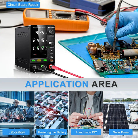 Variable DC Power Supply 30V 10A 300W Lab Bench Charger in use for circuit board repair, showing applications in labs and DIY projects.