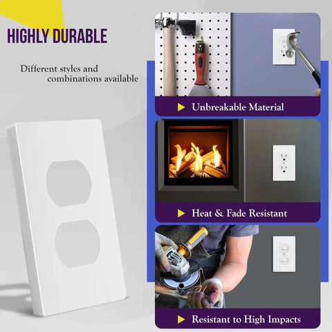 Screwless Duplex Wall Plates 1 Gang Receptacle Covers White Glossy Finish Durable Polycarbonate Thermoplastic Unbreakable UL