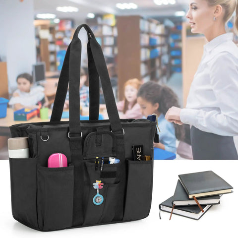 Boss Teacher Bag With Bottom Padded Pad And Foldable Cushion, Large Work Tote With Laptop Compartment Up To 15.6 Inches, Black