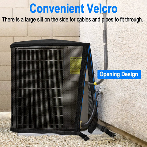 All Seasons Outdoor AC Unit Cover With Detachable Waterproof Top, No Fuss Full Mesh Breathable Design, size 35.4x35.4x39.4 inches shown on unit with velcro opening.