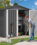 6x4 Ft Metal Outdoor Shed With Lockable Doors, Oversized Steel Tool Storage for Backyard or Patio, with person gardening nearby