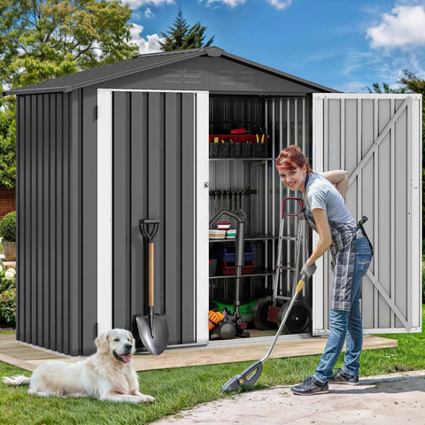6x4 Ft Metal Outdoor Shed With Lockable Doors, Oversized Steel Tool Storage for Backyard or Patio, with person gardening nearby