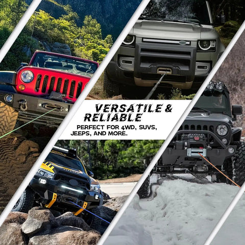 Beefed Up Synthetic Winch Rope Kit For ATVs And UTVs Off Road One Quarter Inch By Fifty Feet With Ten Thousand Pounds Breaking Strength includes forged hook and protective sleeve, shown in diverse off-road settings.