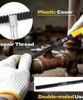 Person restoring thread on pipe using 61 Piece Thread Restorer Kit Rethread Set With Taps Dies Thread Files And Pitch Gauges UNC UNF Metric