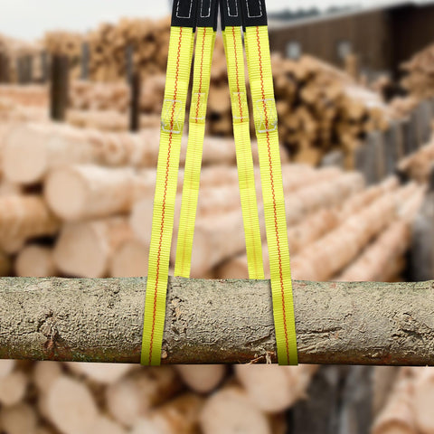 Two Pack Beefy 10 Ft Nylon Lifting Slings 1 Inch Wide Heavy Duty Web Straps With Flat Eye Ends holding a log in construction site
