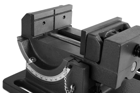 Close-up of Tilting Vise For Benchtops And Drill Presses, 3.25 Inch Jaw Opening, showing industrial cast iron and tilt mechanism.