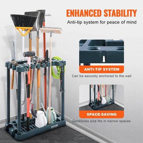 Garden Tool Organizer Tower with ten slots holding rake, shovel, broom in garage, featuring anti-tip system and space-saving design.