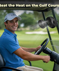 USB powered golf cart fan with three speed settings providing cool airflow to driver in blue polo shirt.