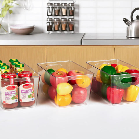 Straight Fire Kitchen Organization To Keep The Mess Tight With This Six Pack Of Large Clear Pantry Bins Boasting Heavy Duty Handles For Fridge Cabinet Freezer Sorting, filled with fruits and sauces.