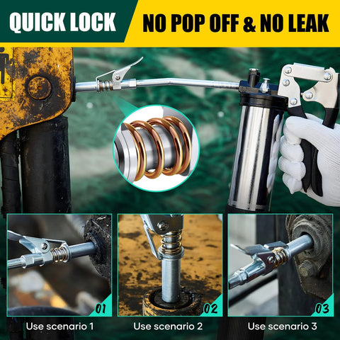 Saker grease gun coupler with 1/8 NPT fittings; chrome metal body for automotive use.
