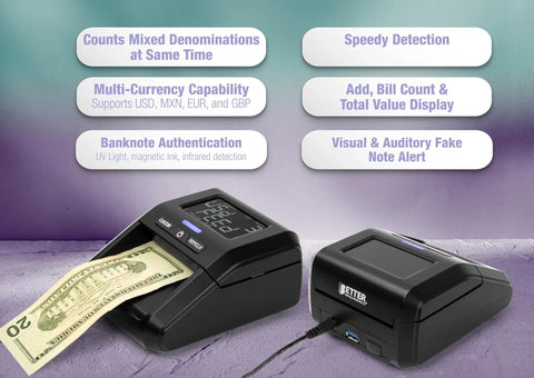 Portable Counterfeit Money Detector With LCD Display, Infrared and Magnetic Detection, Multi Currency Support on table