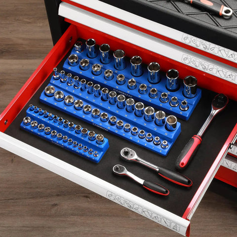 Magnetic Socket Organizer Kit Three Piece For Half Inch, Three Eighths Inch, And Quarter Inch Drive Sockets in toolbox drawer