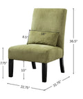 Kick Back Today Spring Green Chenille Armless Accent Chair With Rich Espresso Wood Legs And Snug Kidney Pillow dimensions and details.