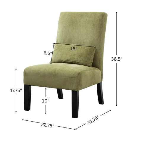 Kick Back Today Spring Green Chenille Armless Accent Chair With Rich Espresso Wood Legs And Snug Kidney Pillow dimensions and details.