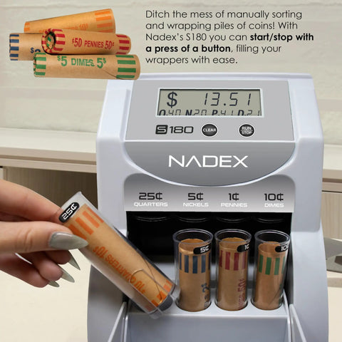 Digital Coin Sorter And Counter Machine With Automatic Currency Separator And Clear Display Tracks Total Value And Count Sorted Up To Two Hundred Coins Per Minute For No Sweat Cash Handling Jobs, showing filled wrappers and clear display.