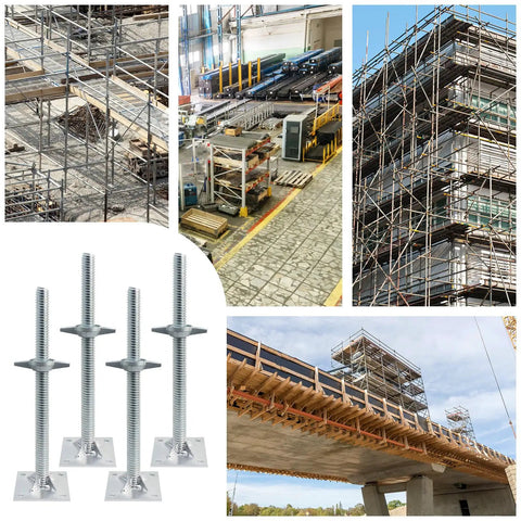 Heavy Duty Adjustable Leveling Jacks With Reinforced Galvanized Steel Base Plate For Rv Trailers And Travel Trailers Built Dead Solid For Bumpy Ground Easy Crank Lever For No Sweat Setup in construction site with scaffolding.