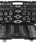 Pro Grade 110-Piece Tap and Die Set with Metric Sizes M2 to M18, Bearing Steel Taps and Dies, Sturdy Storage Case Open