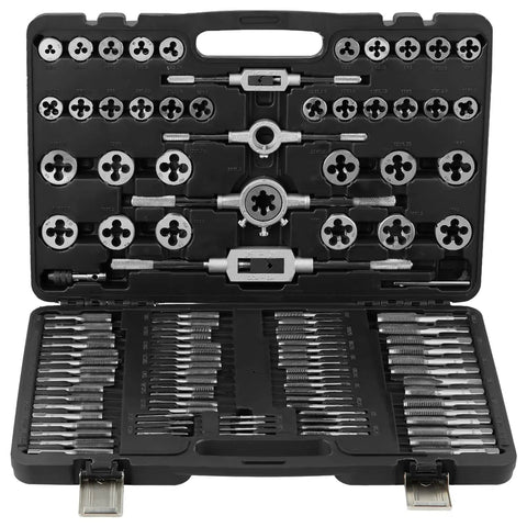 Pro Grade 110-Piece Tap and Die Set with Metric Sizes M2 to M18, Bearing Steel Taps and Dies, Sturdy Storage Case Open