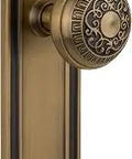 Mission Door Plate With Egg And Dart Knob, Passage Hardware Set, Two And Three Eighths Inch Backset, Antique Brass Finish, Vintage Style Door Plate