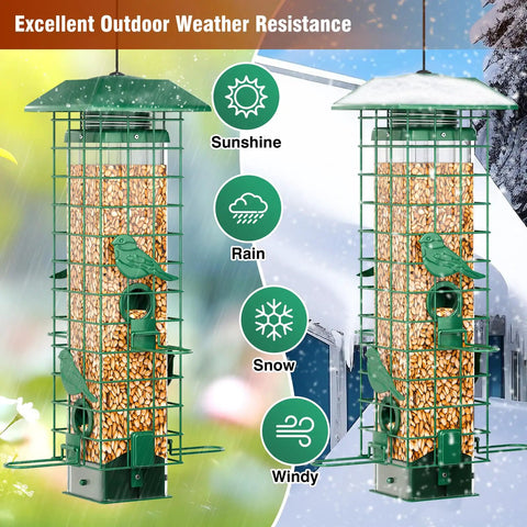 Weight Activated Squirrel Proof Bird Feeder For Outdoors Hanging With 3Lb Capacity And Four Ports, all-weather design.