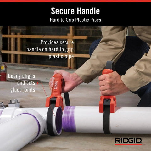 Straplock 7 Inch Strap Wrench Pipe Handle With Locking Design in use on plastic pipes, demonstrating secure grip feature.