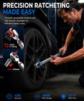 Heavy Duty Digital Torque Wrench Set Featuring 1/2 And 3/8 Inch Drives For Motorcycle And Car Engines, user applying wrench to tire.