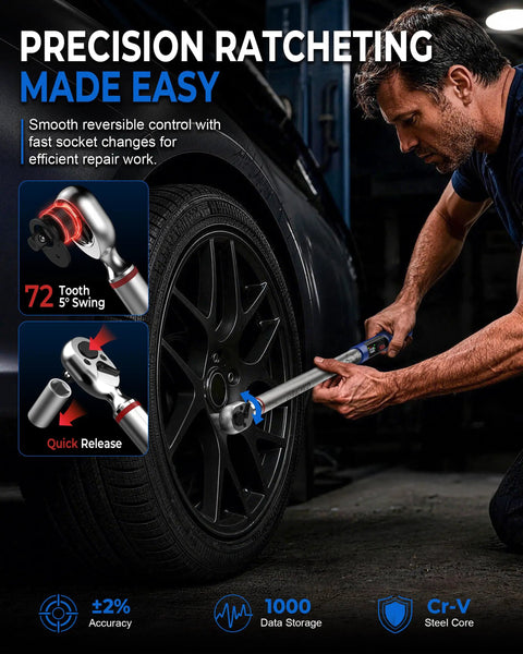 Heavy Duty Digital Torque Wrench Set Featuring 1/2 And 3/8 Inch Drives For Motorcycle And Car Engines, user applying wrench to tire.