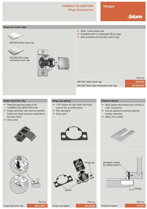Diagram of Compact BLUMOTION 39C hinge components, including arm cover caps and distance spacer for cabinet installation.